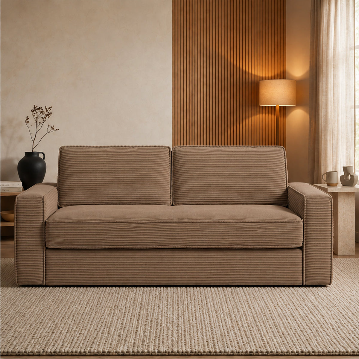 MINDY Canapé 3 places convertible velours côtelé taupe matelas 14 cm - Canapés convertibles - Mobilier Deco