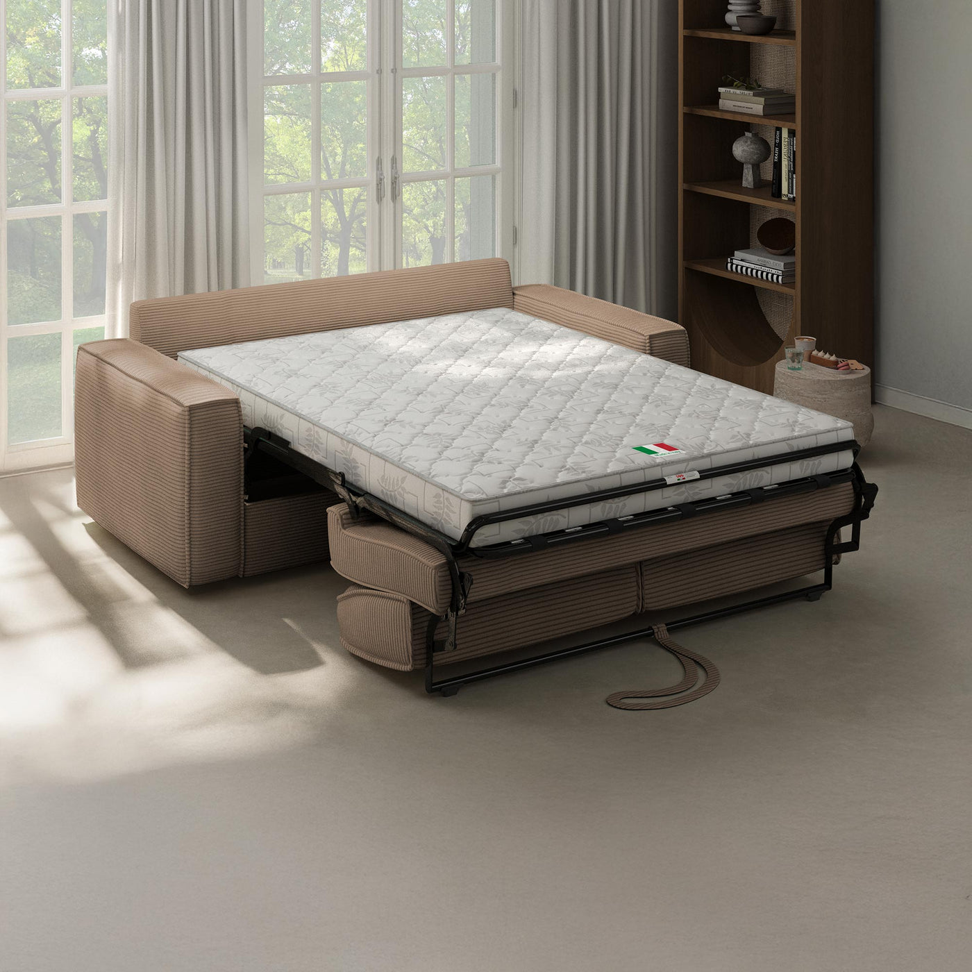 MINDY Canapé 3 places convertible velours côtelé taupe matelas 14 cm