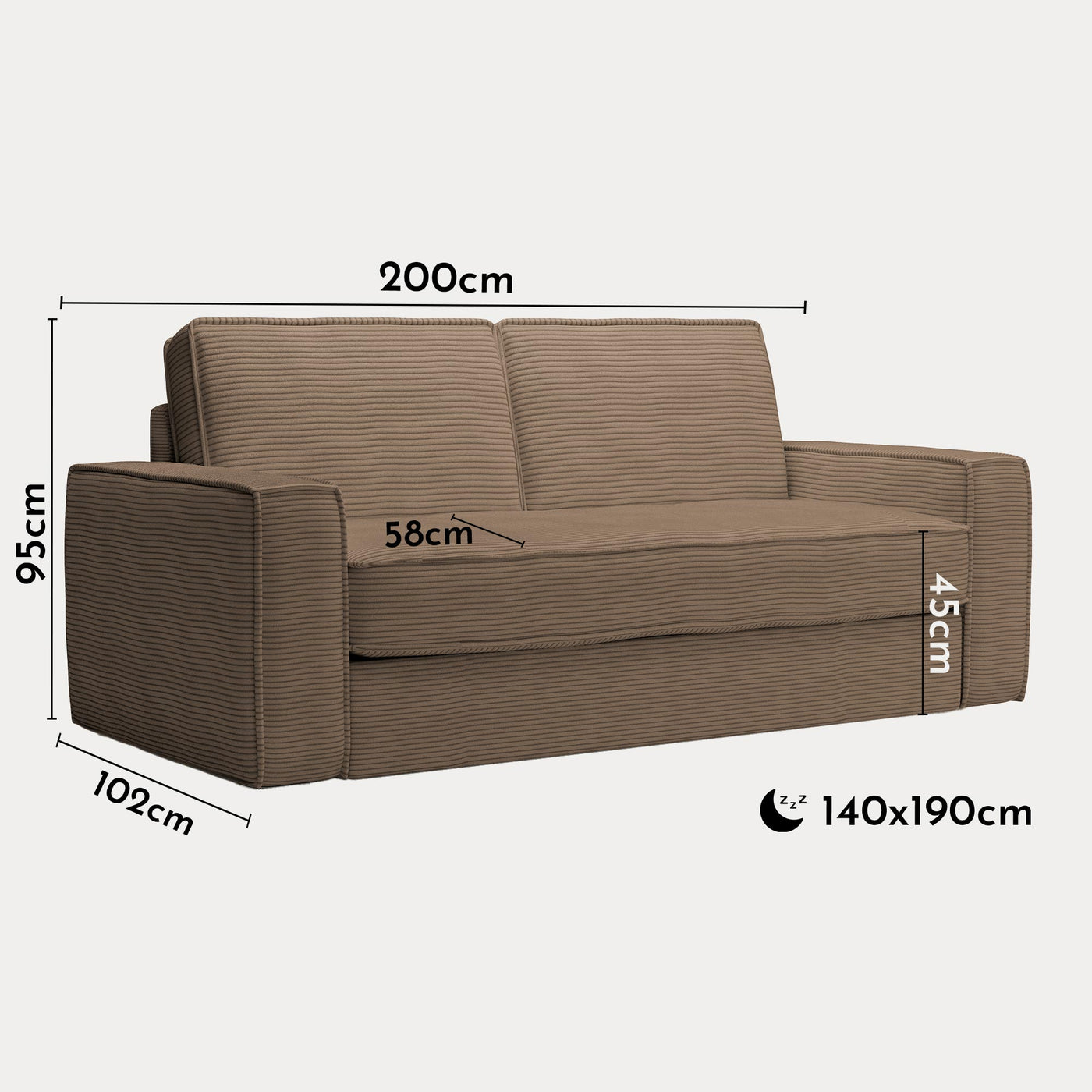 MINDY Canapé 3 places convertible velours côtelé taupe matelas 14 cm