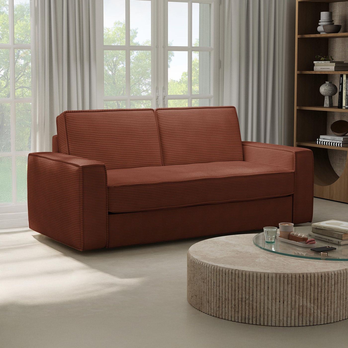 MINDY Canapé 3 places convertible velours côtelé terracotta matelas 14 cm