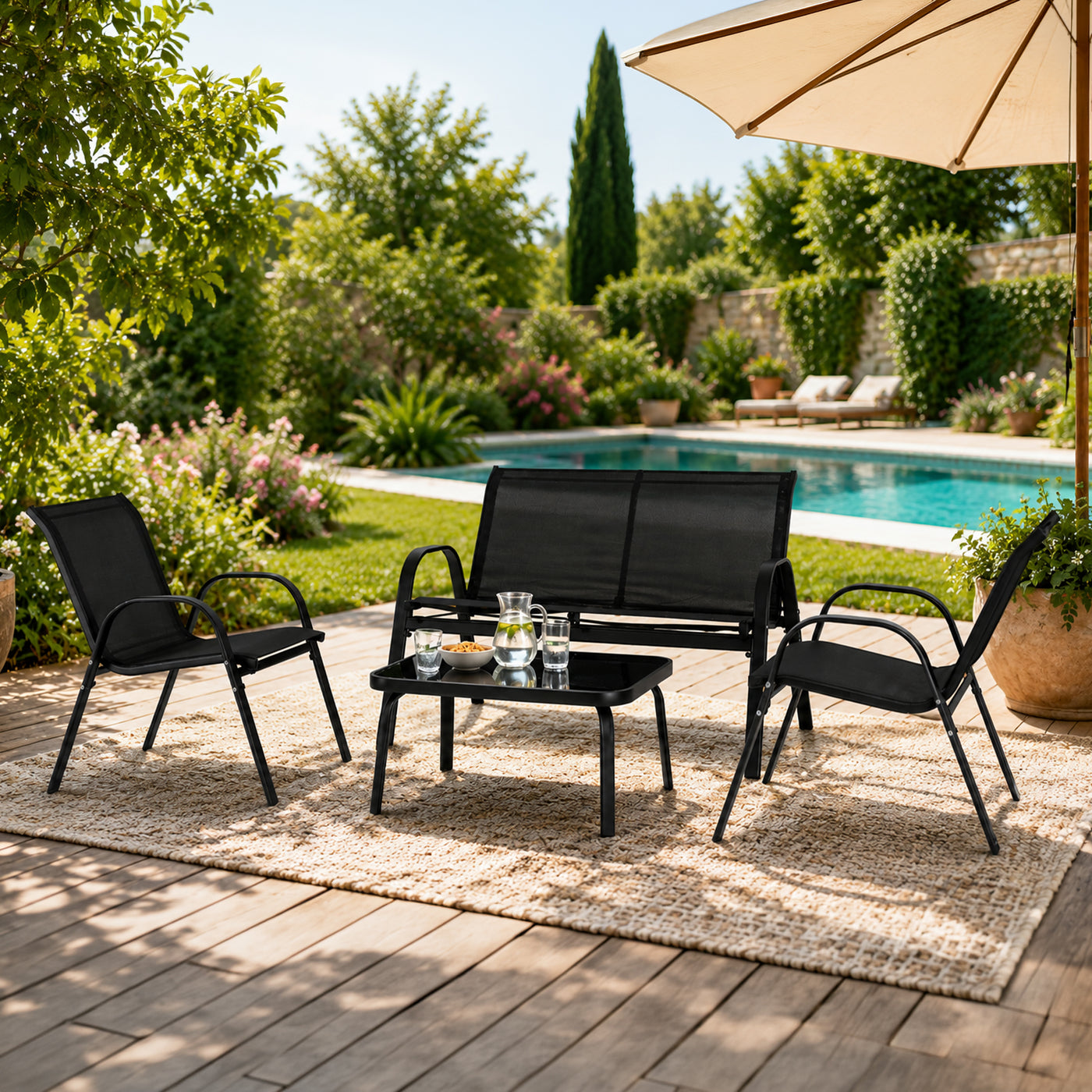 MINNESOTA Ensemble de mobilier de jardin 4 places avec table en verre noir
