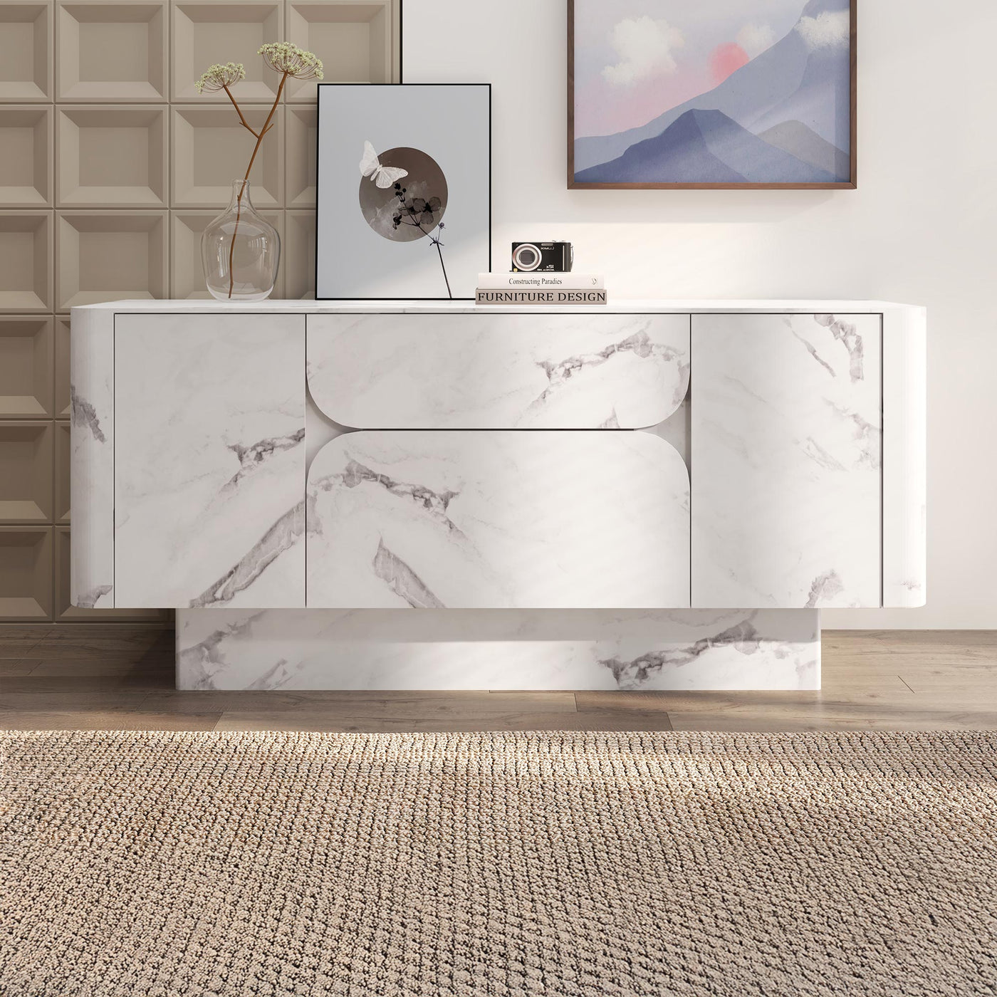 MIRA Buffet enfilade 2 portes 2 tiroirs marbre d'ingénierie blanc