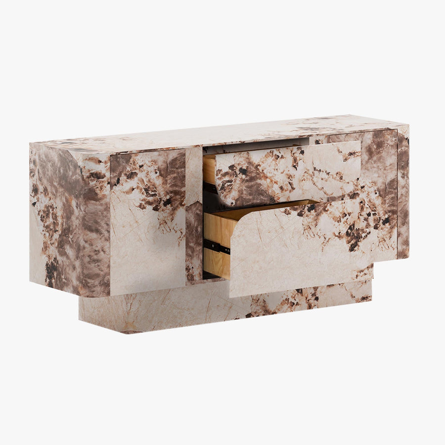 MIRA Buffet enfilade 2 portes 2 tiroirs marbre d'ingénierie beige et marron — aperçu vidéo