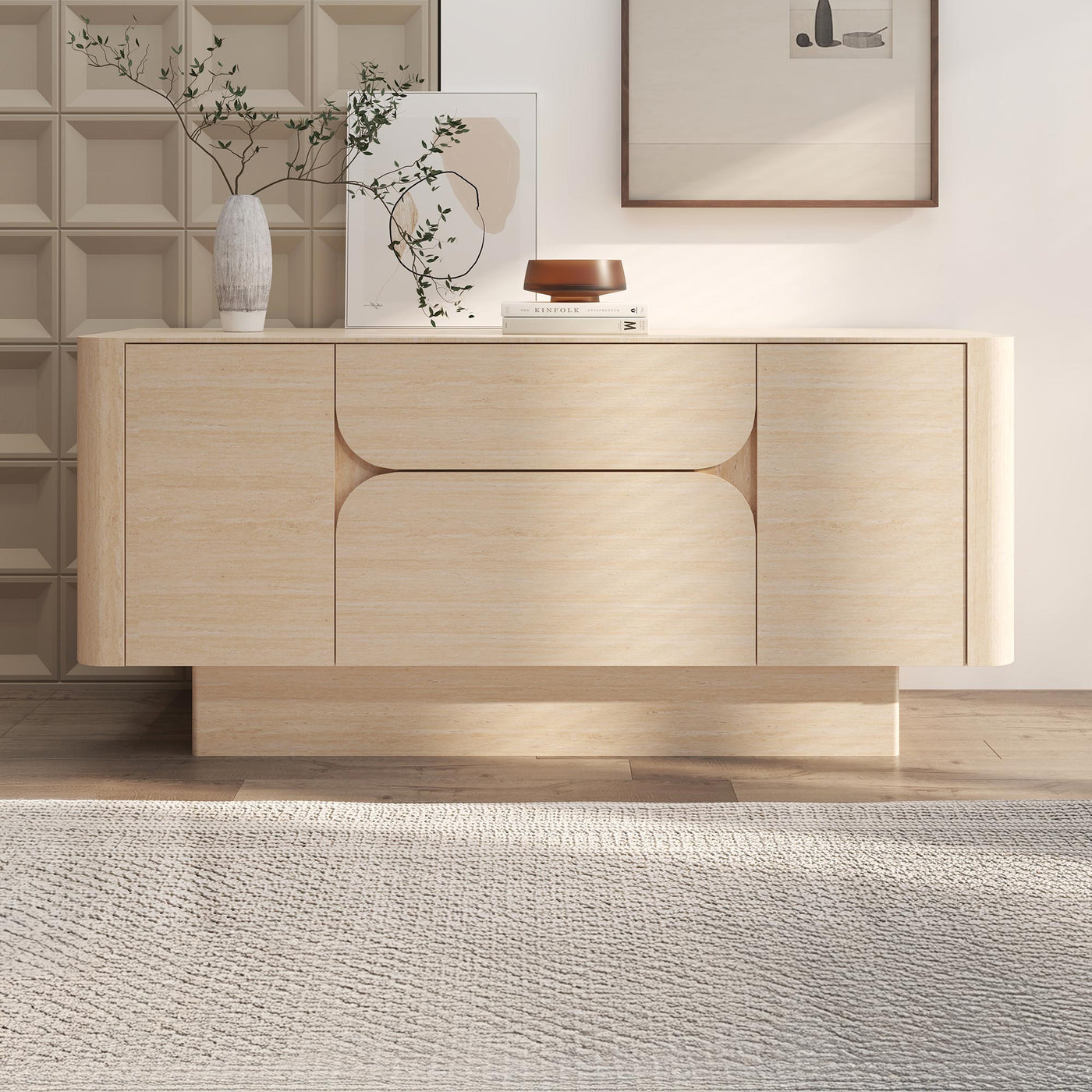 MIRA Buffet enfilade 2 portes 2 tiroirs marbre d'ingénierie couleur travertin - Buffet - Mobilier Deco