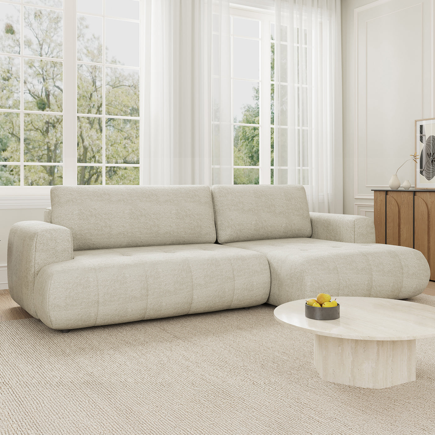 MIREL Canapé d'angle convertible en tissu écru - Angle droit