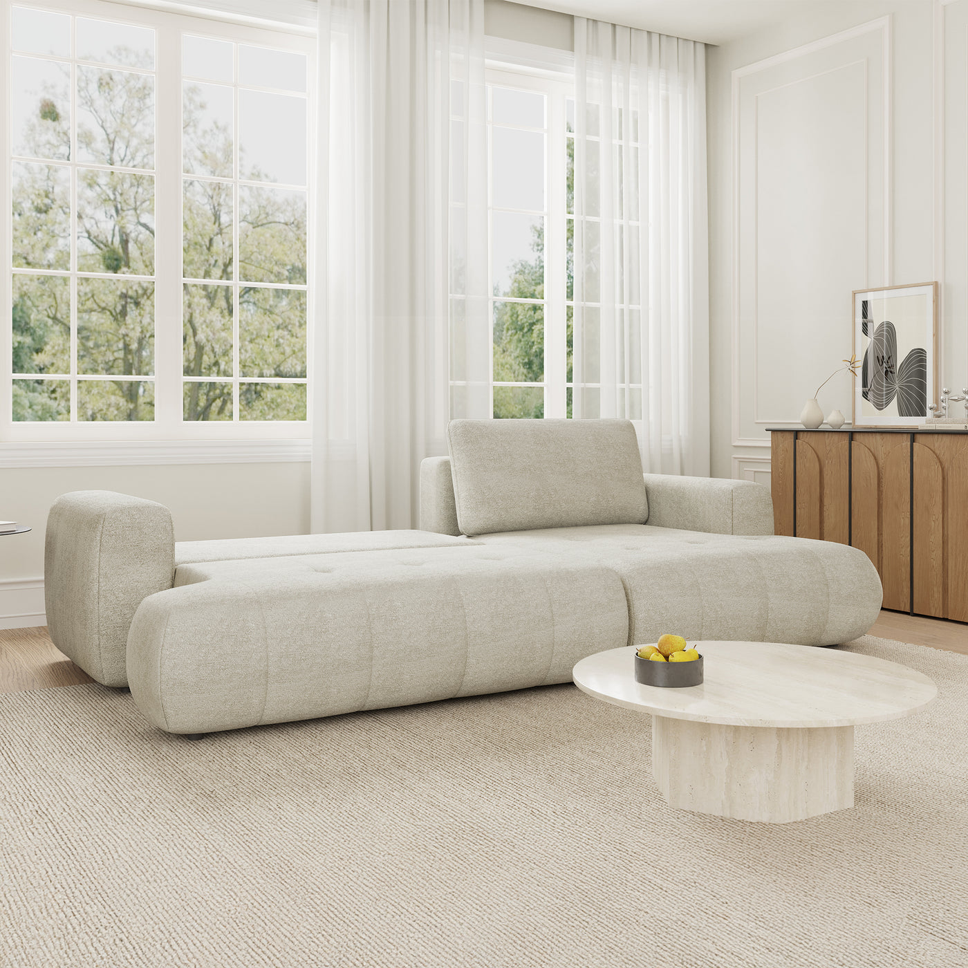 MIREL Canapé d'angle convertible en tissu écru - Angle droit
