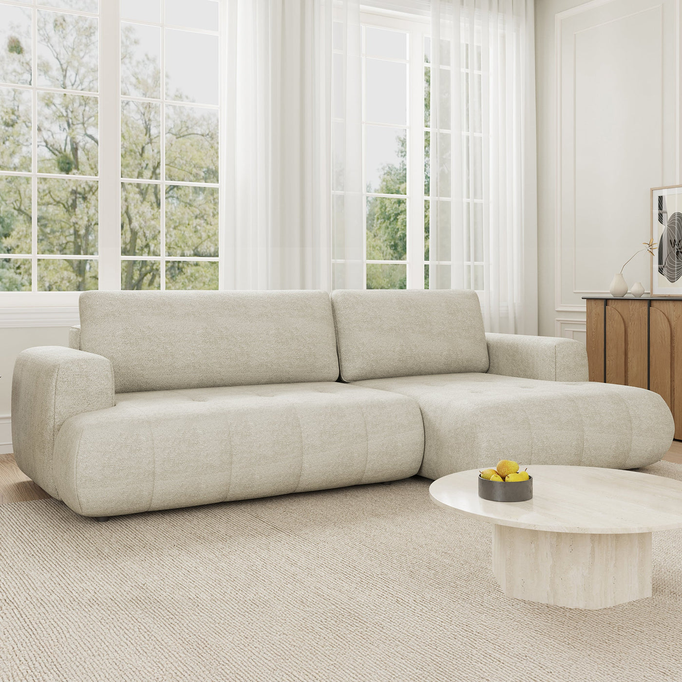 MIREL Canapé d'angle convertible en tissu écru - Angle droit - Canapé d'angle convertible - Mobilier Deco