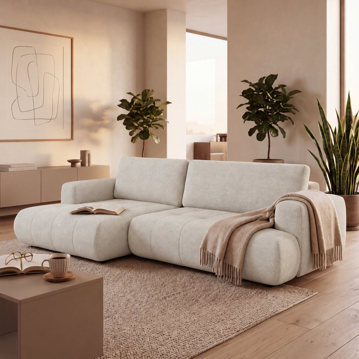 MIREL Canapé d'angle convertible en tissu écru - Angle gauche - Canapé d'angle convertible - Mobilier Deco