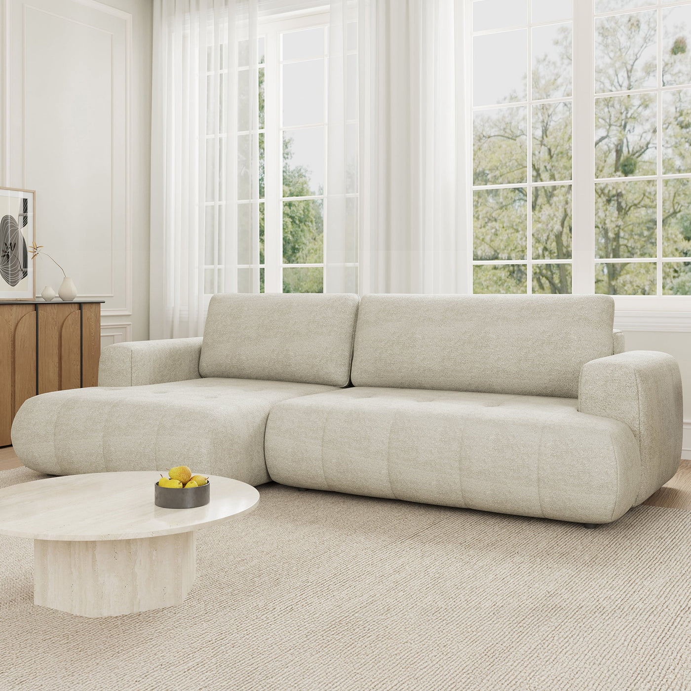 MIREL Canapé d'angle convertible en tissu écru - Angle gauche - Canapé d'angle convertible - Mobilier Deco
