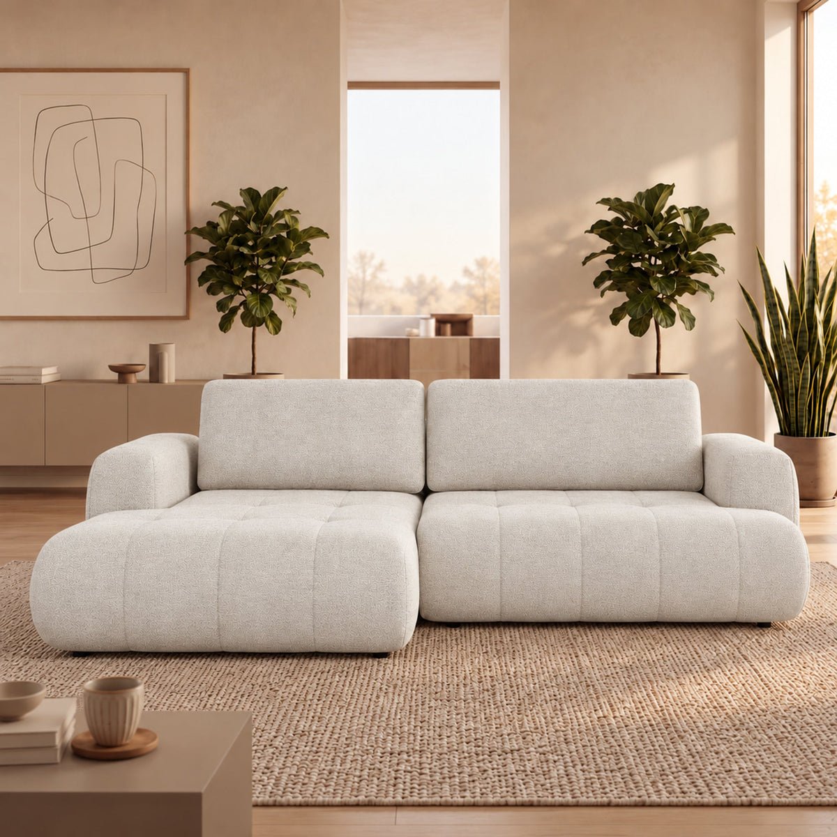 MIREL Canapé d'angle convertible en tissu écru - Angle gauche - Canapé d'angle convertible - Mobilier Deco