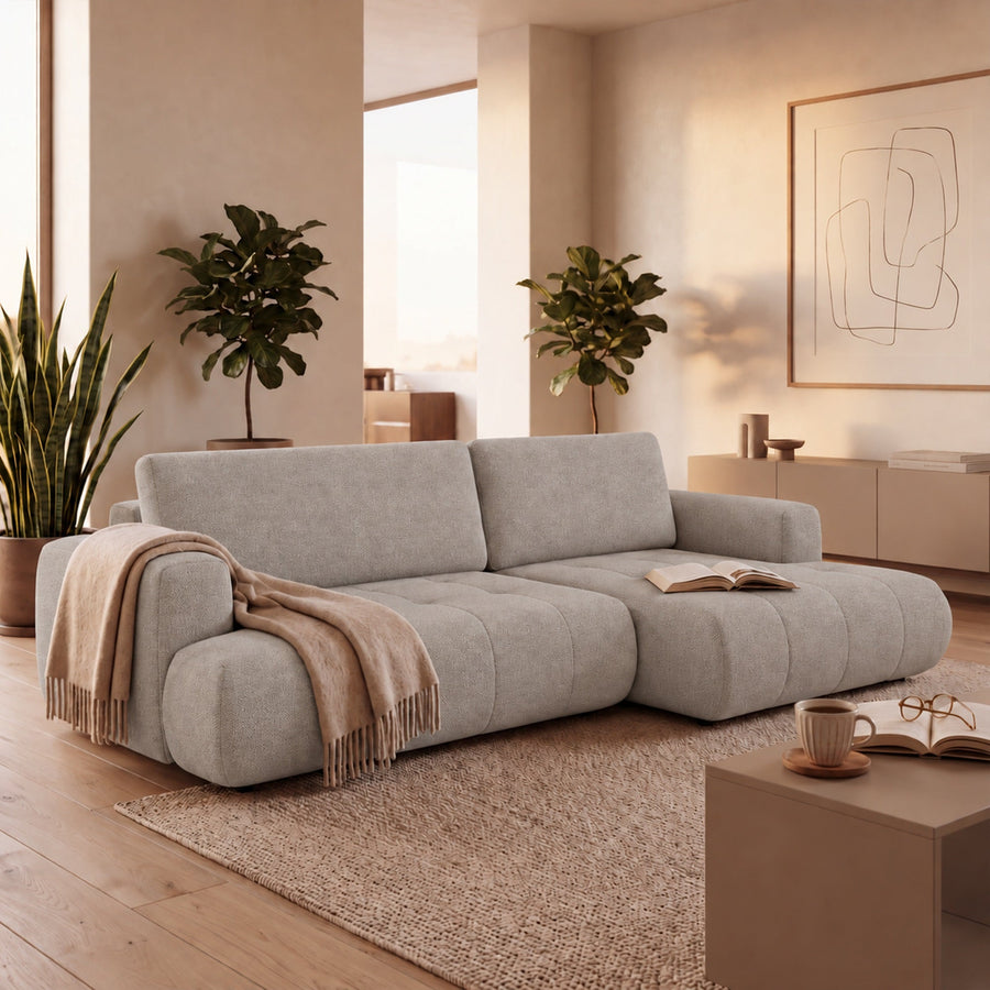 MIREL Canapé d'angle convertible en tissu taupe - Angle droit — aperçu vidéo