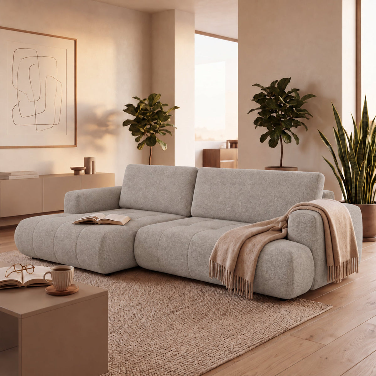 MIREL Canapé d'angle convertible en tissu taupe - Angle gauche - Canapé d'angle convertible - Mobilier Deco