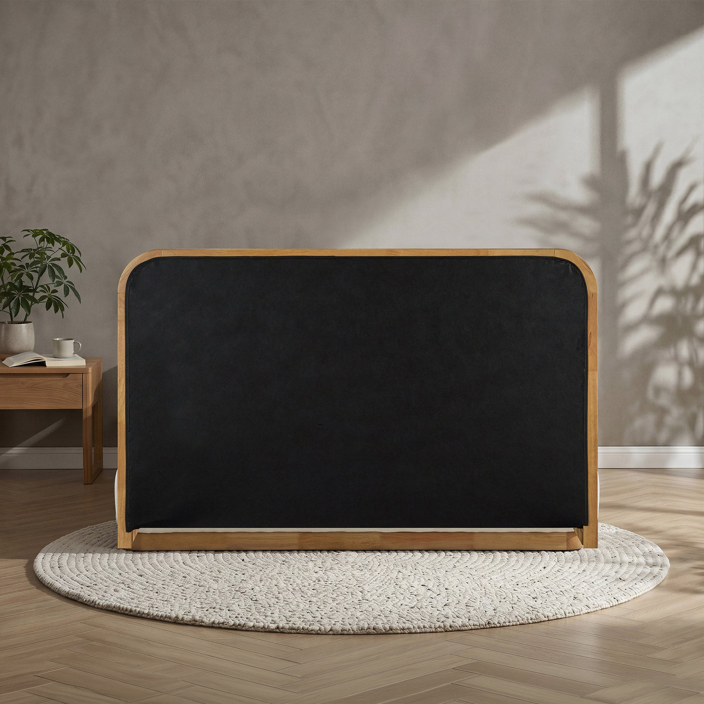 MONA Lit double en tissu beige et bois clair 140x190 cm - Lits - Mobilier Deco