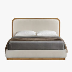 Lit double en tissu beige et bois clair 140x190 cm