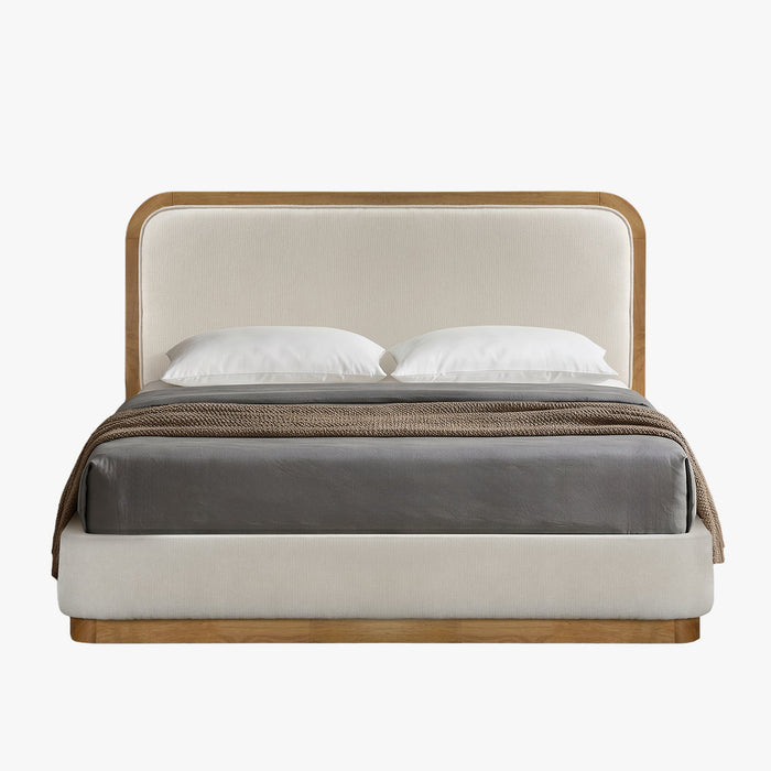 MONA Lit double en tissu beige et bois clair 140x190 cm