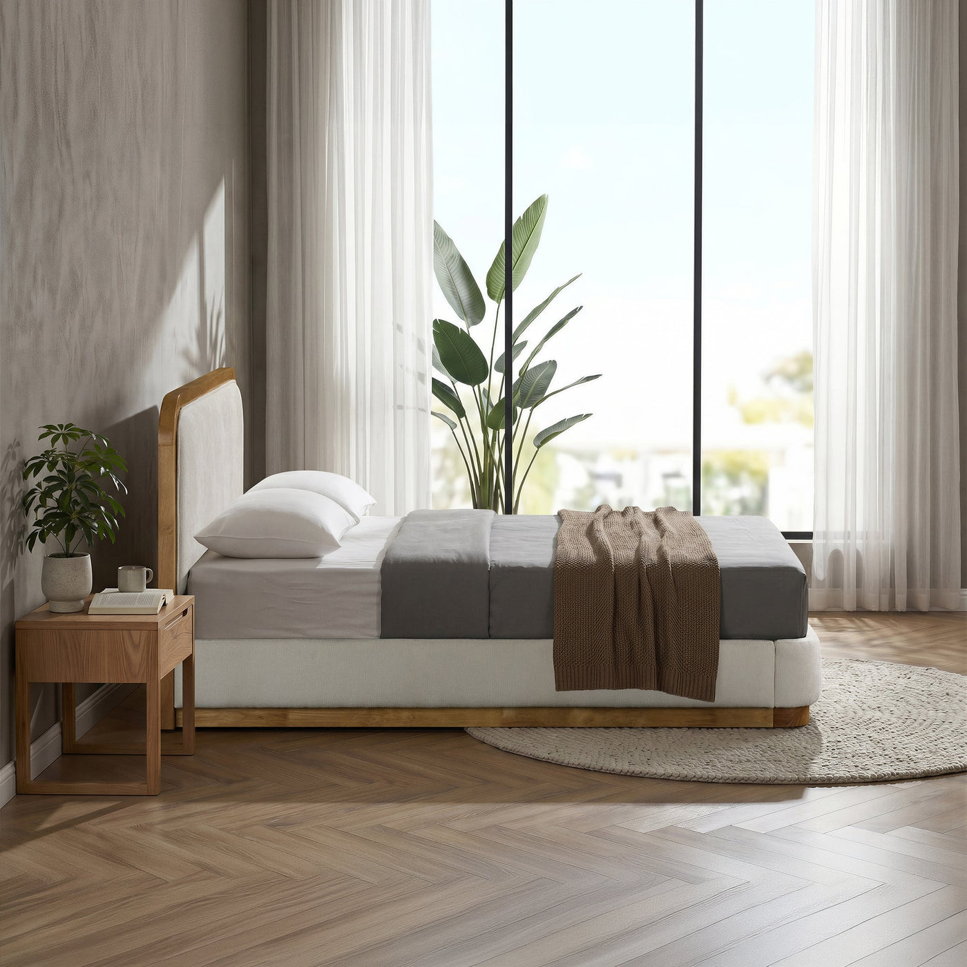 MONA Lit double en tissu beige et bois clair 160x200 cm - Lits - Mobilier Deco