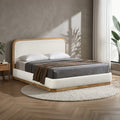 MONA Lit double en tissu beige et bois clair 160x200 cm