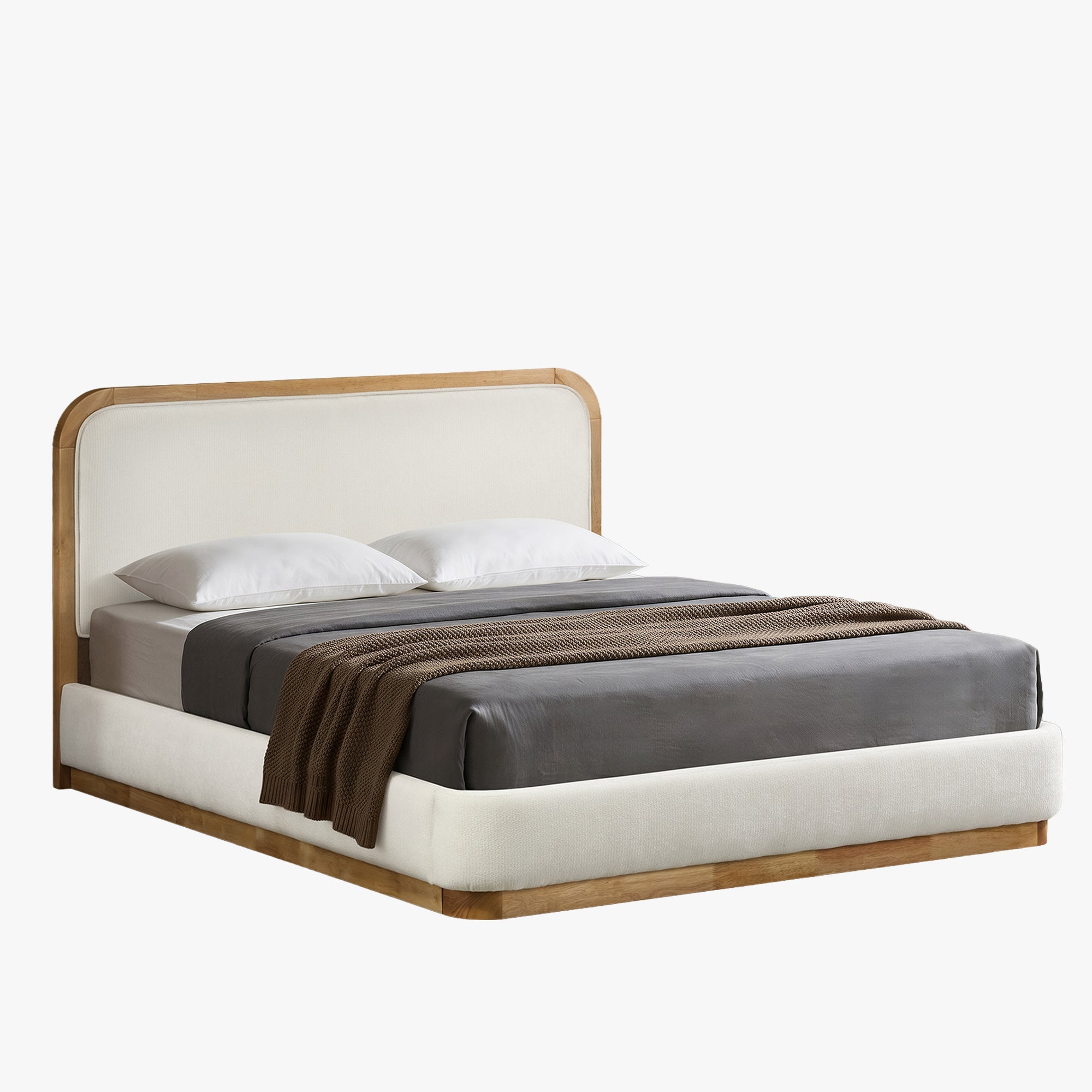 MONA Lit double en tissu beige et bois clair 160x200 cm - Lits - Mobilier Deco