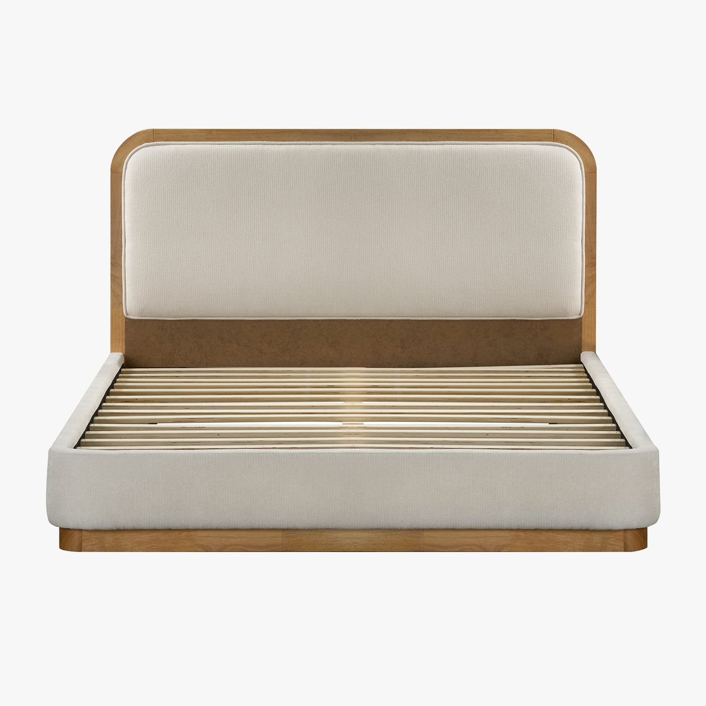 MONA Lit double en tissu beige et bois clair 160x200 cm - Lits - Mobilier Deco