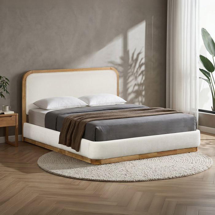 MONA Lit double en tissu beige et bois clair 180x200 cm