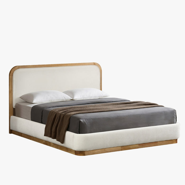 MONA Lit double en tissu beige et bois clair 180x200 cm