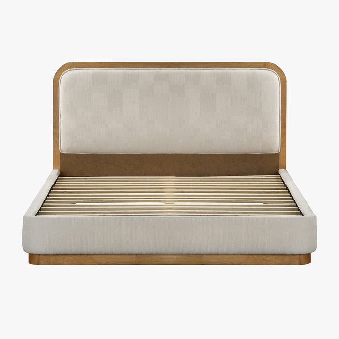MONA Lit double en tissu beige et bois clair 180x200 cm
