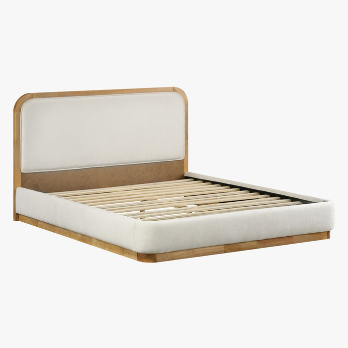 MONA Lit double en tissu beige et bois clair 180x200 cm