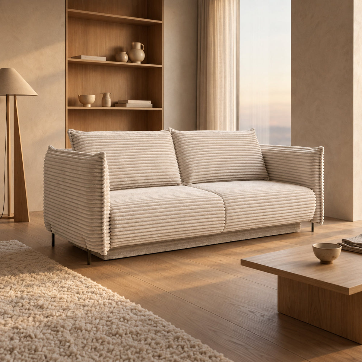 MONICA Canapé 3 places convertible avec coffre velours gros côtelé beige - Canapés convertibles - Mobilier Deco
