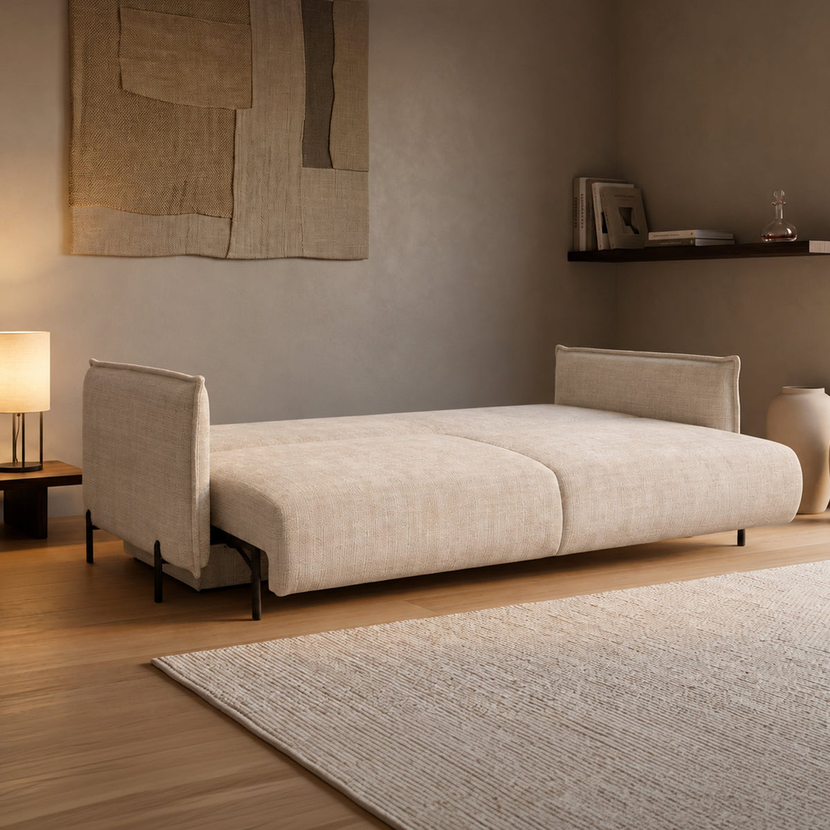 MONICA TISSU Canapé 3 places convertible avec coffre en tissu beige - Canapés convertibles - Mobilier Deco