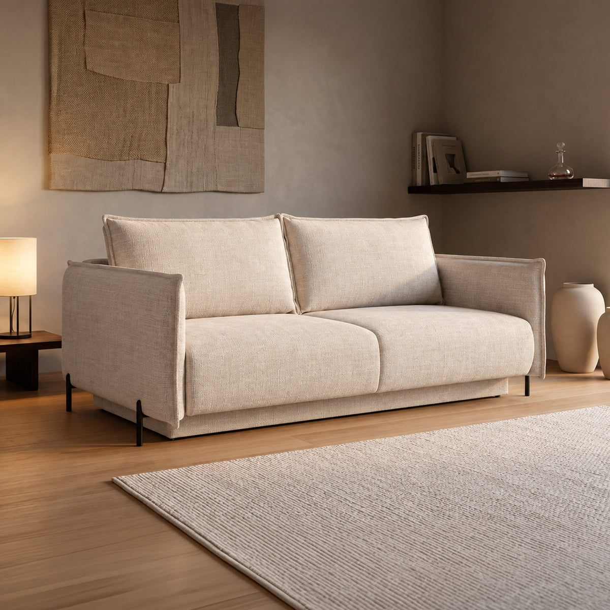 MONICA TISSU Canapé 3 places convertible avec coffre en tissu beige - Canapés convertibles - Mobilier Deco