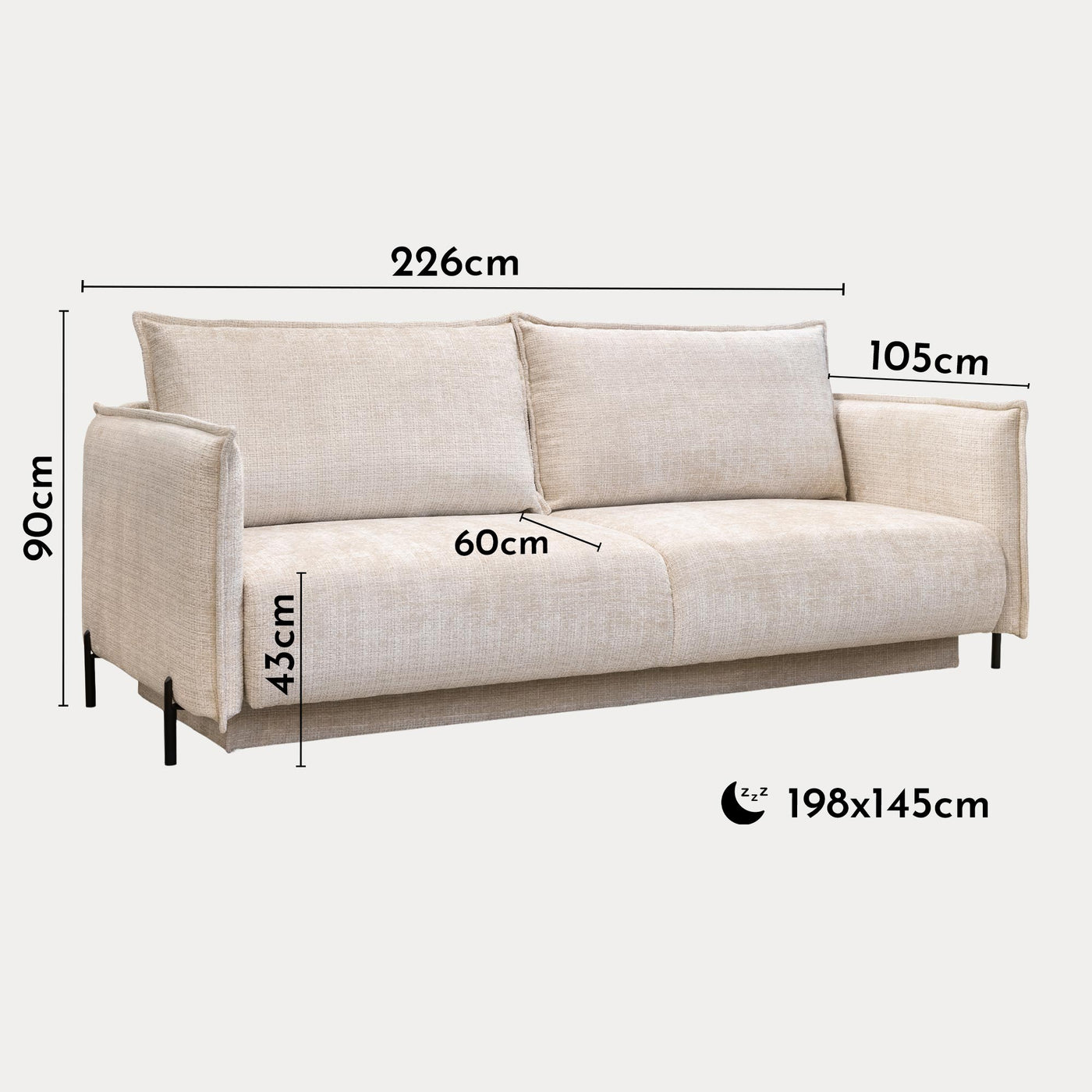 MONICA TISSU Canapé 3 places convertible avec coffre en tissu beige