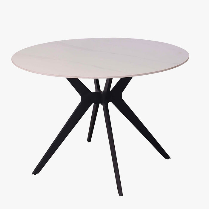 MONNA Table à manger ronde pierre frittée blanc piètement en métal noir