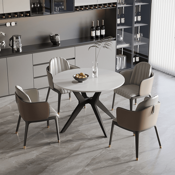 MONNA Table à manger ronde pierre frittée blanc piètement en métal noir