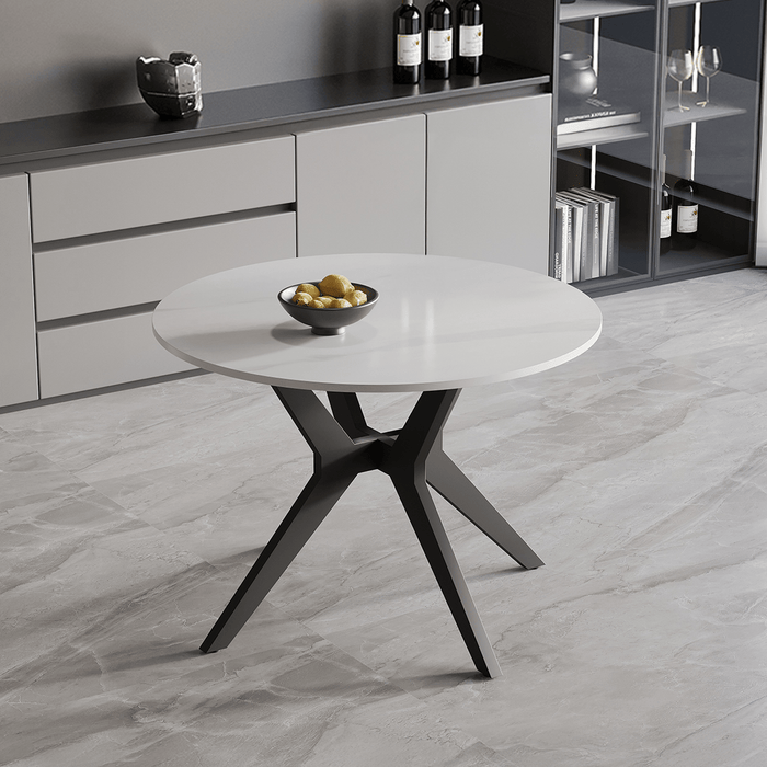 MONNA Table à manger ronde pierre frittée blanc piètement en métal noir