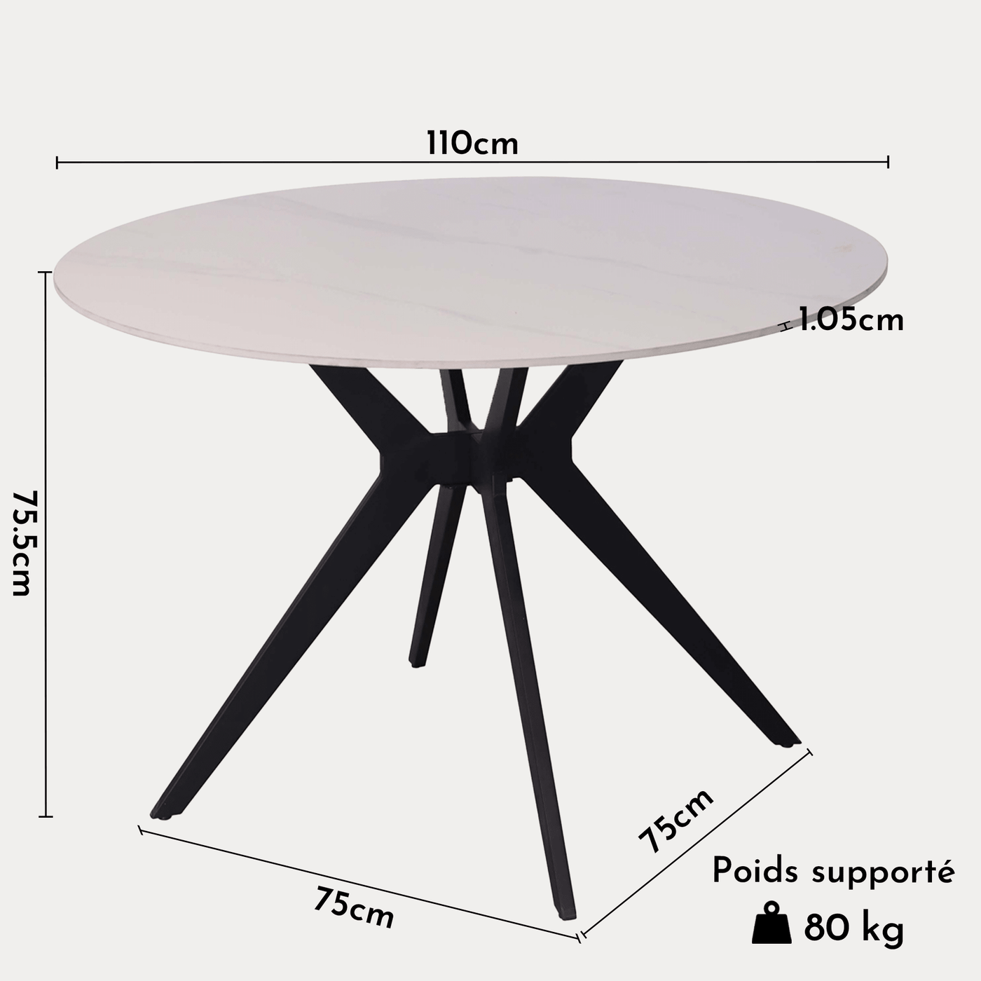 MONNA Table à manger ronde pierre frittée blanc piètement en métal noir - Table à manger - Mobilier Deco