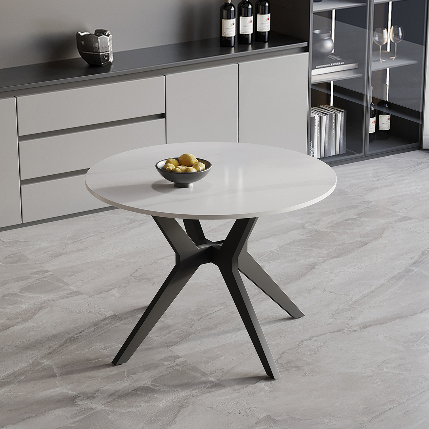 MONNA Table à manger ronde pierre frittée blanc piètement en métal noir