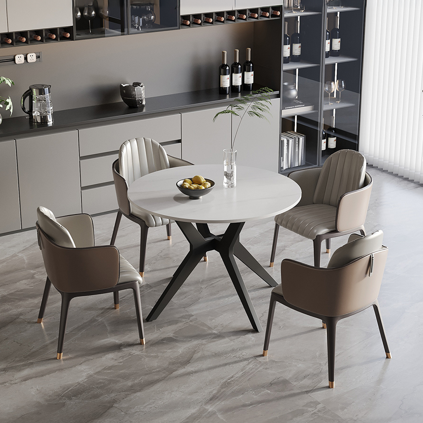 MONNA Table à manger ronde pierre frittée blanc piètement en métal noir