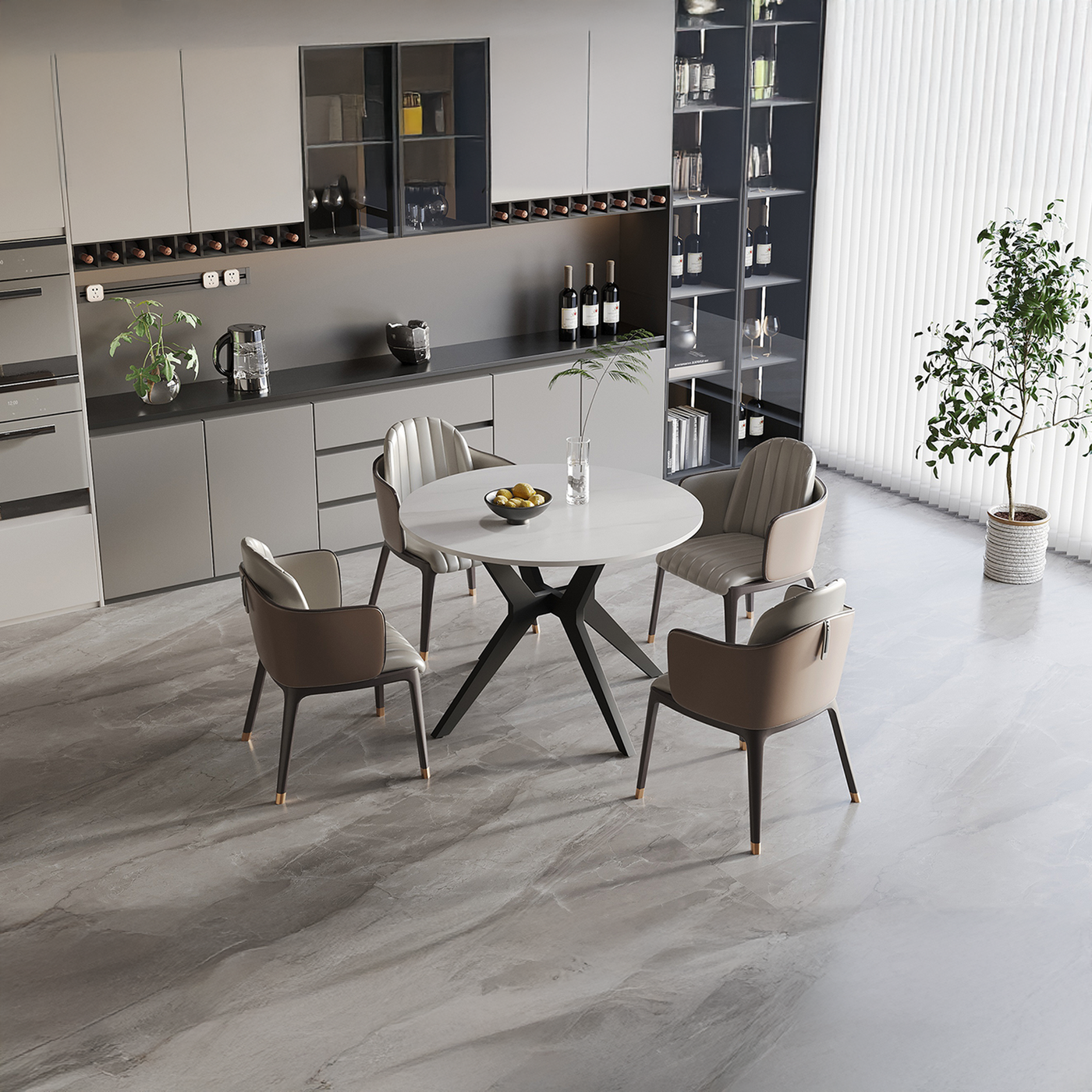 MONNA Table à manger ronde pierre frittée blanc piètement en métal noir
