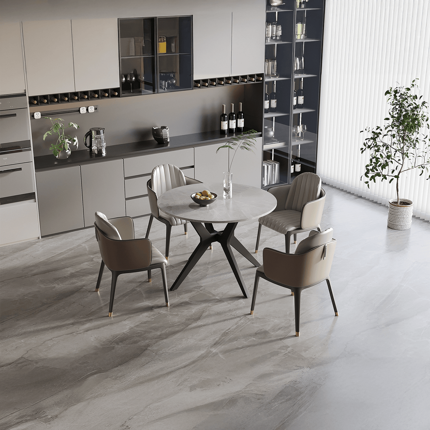 MONNA Table à manger ronde pierre frittée gris piètement en métal noir - Table à manger - Mobilier Deco