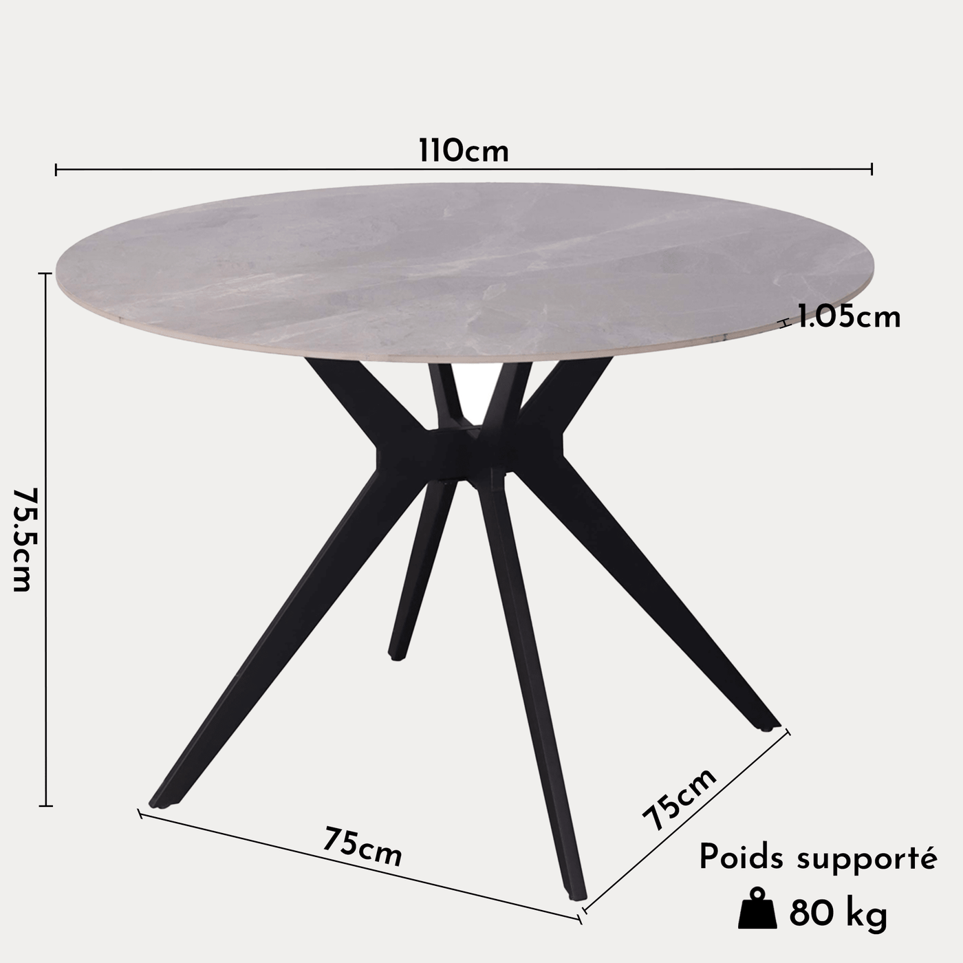 MONNA Table à manger ronde pierre frittée gris piètement en métal noir - Table à manger - Mobilier Deco