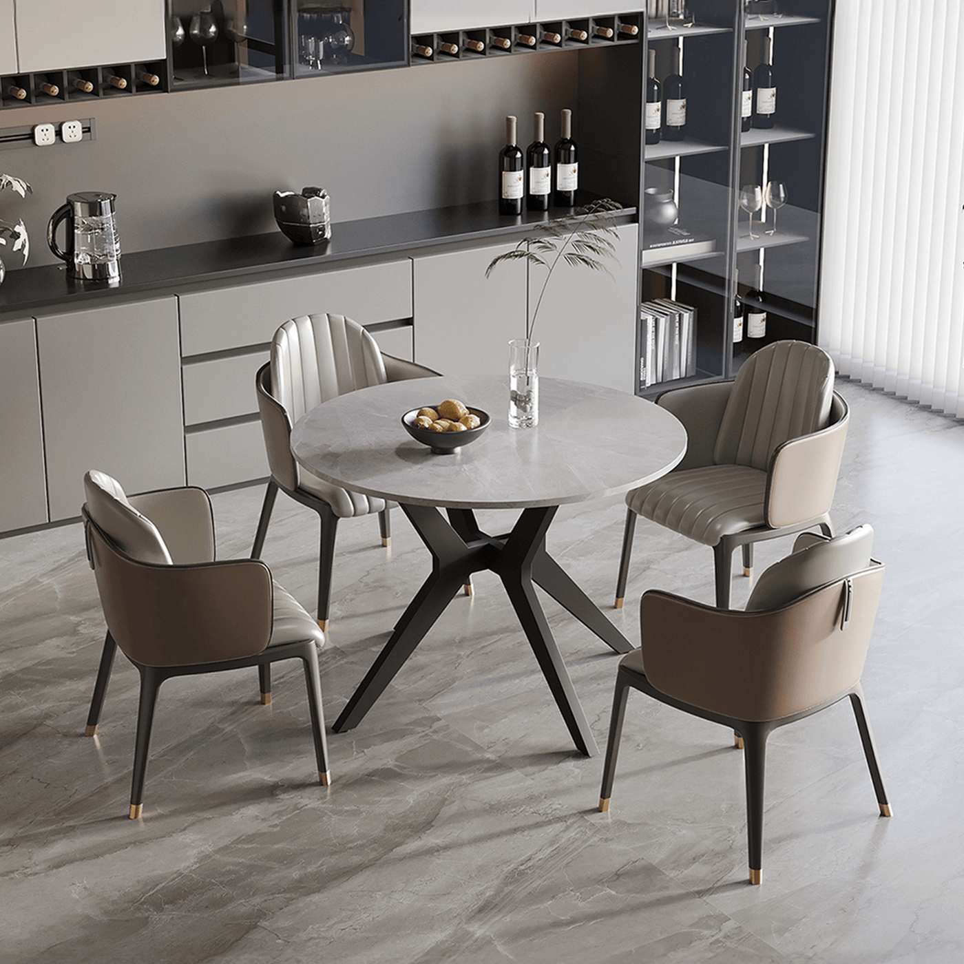 MONNA Table à manger ronde pierre frittée gris piètement en métal noir - Table à manger - Mobilier Deco