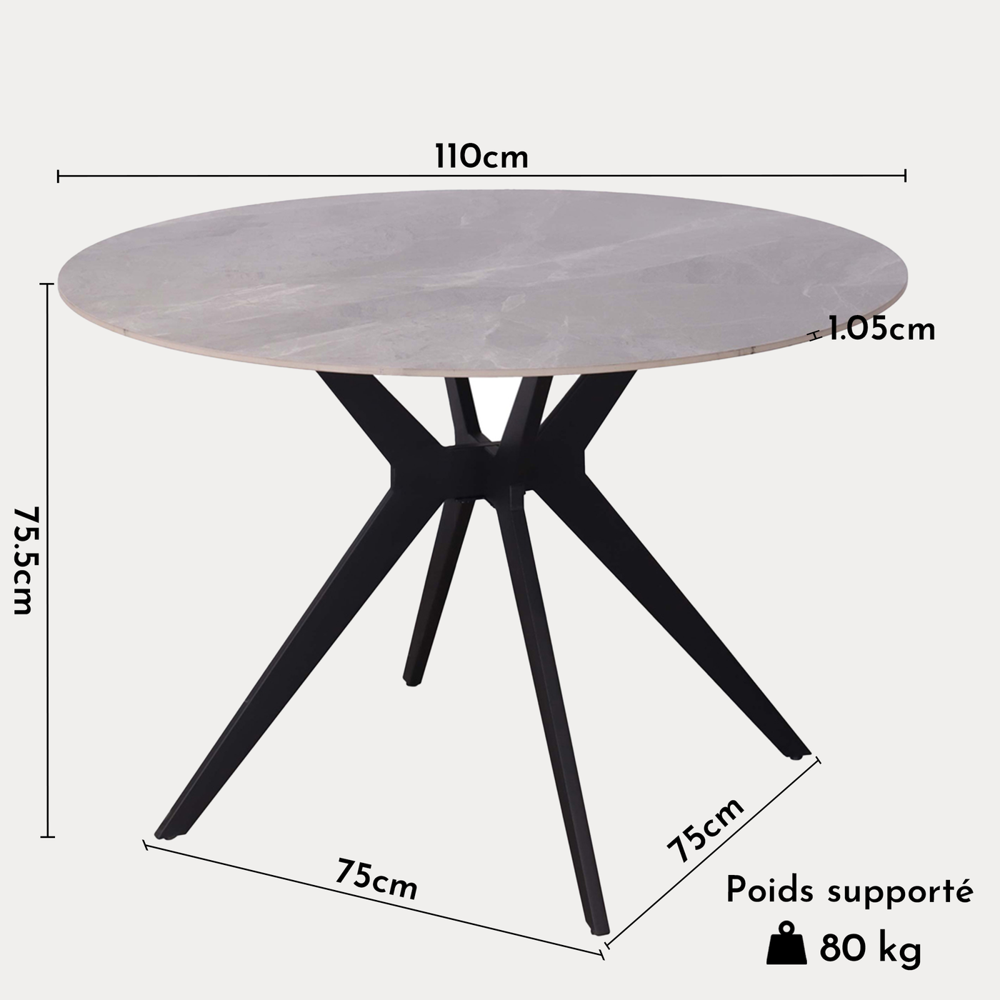 MONNA Table à manger ronde pierre frittée gris piètement en métal noir