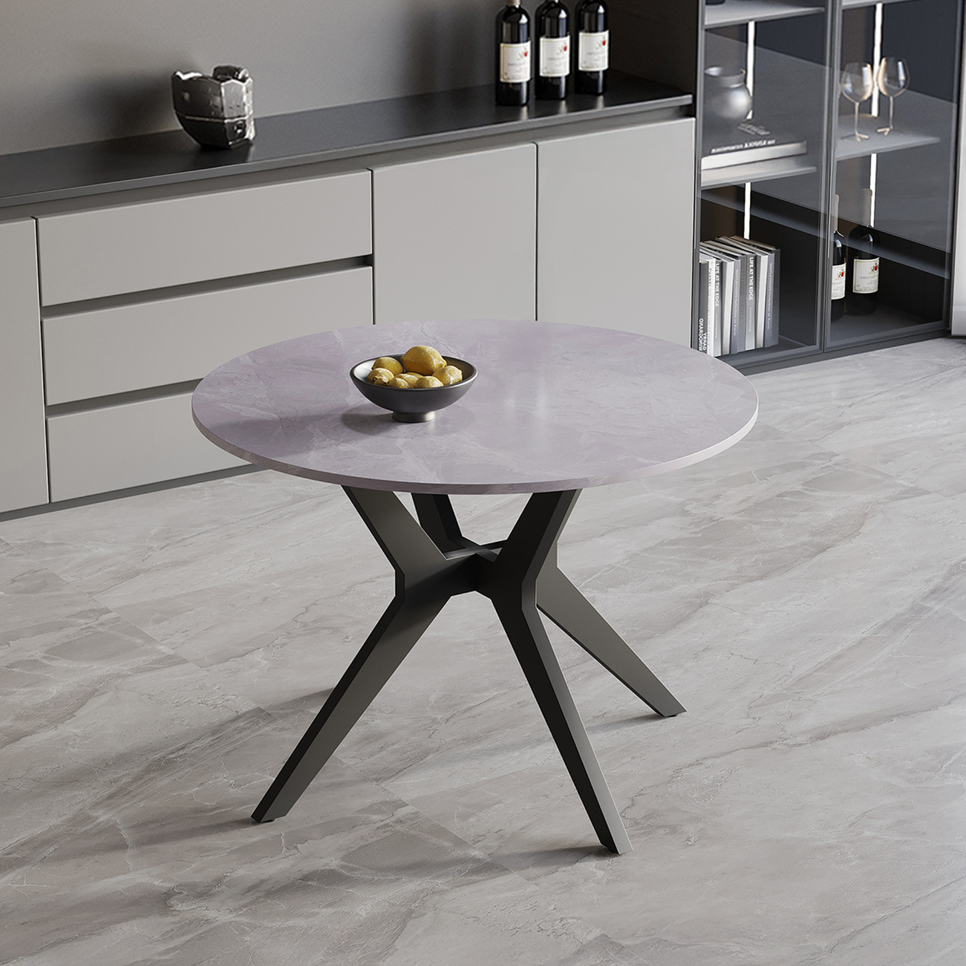 MONNA Table à manger ronde pierre frittée gris piètement en métal noir