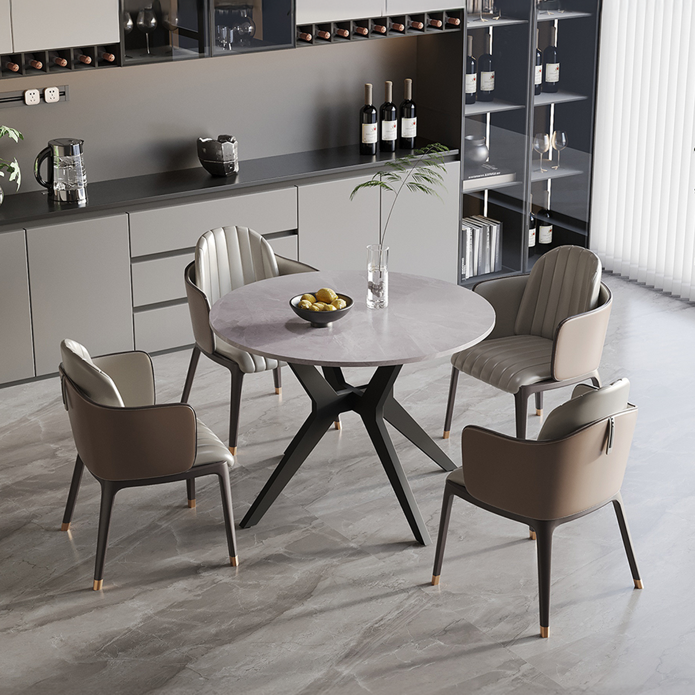 MONNA Table à manger ronde pierre frittée gris piètement en métal noir