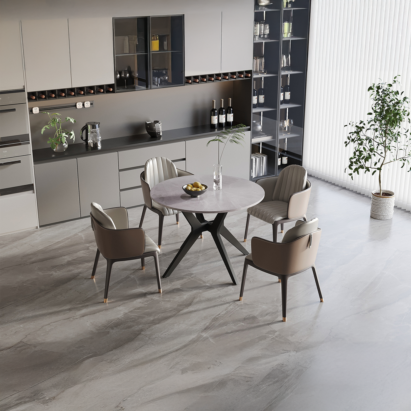 MONNA Table à manger ronde pierre frittée gris piètement en métal noir
