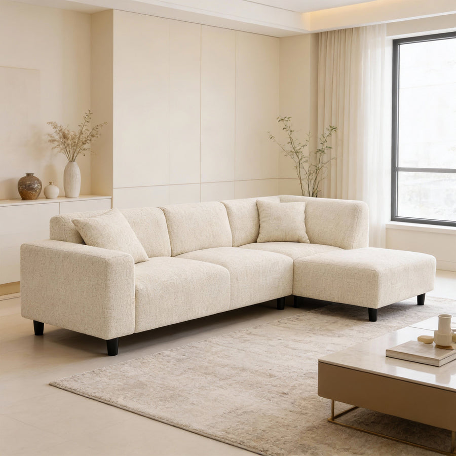 MUNICH Canapé d'angle en tissu beige - Angle droit — aperçu vidéo