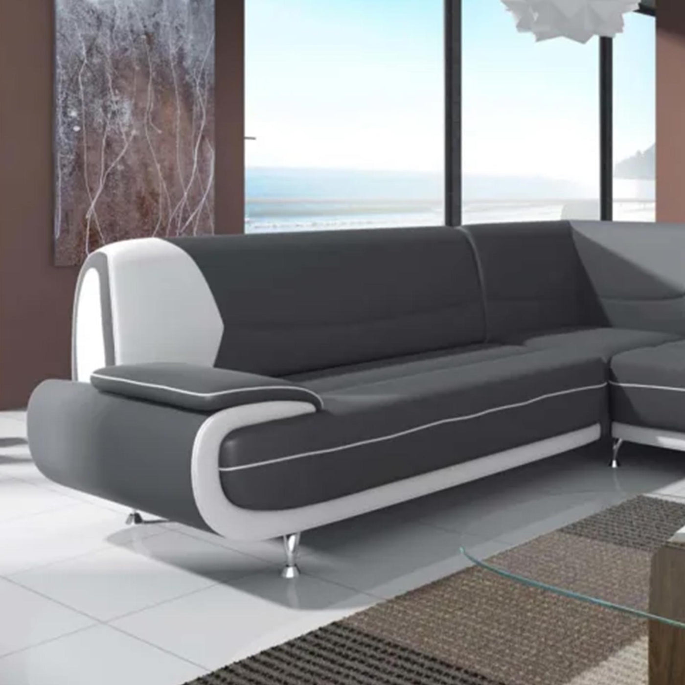 MUZA Canapé d'angle design en simili cuir gris et blanc