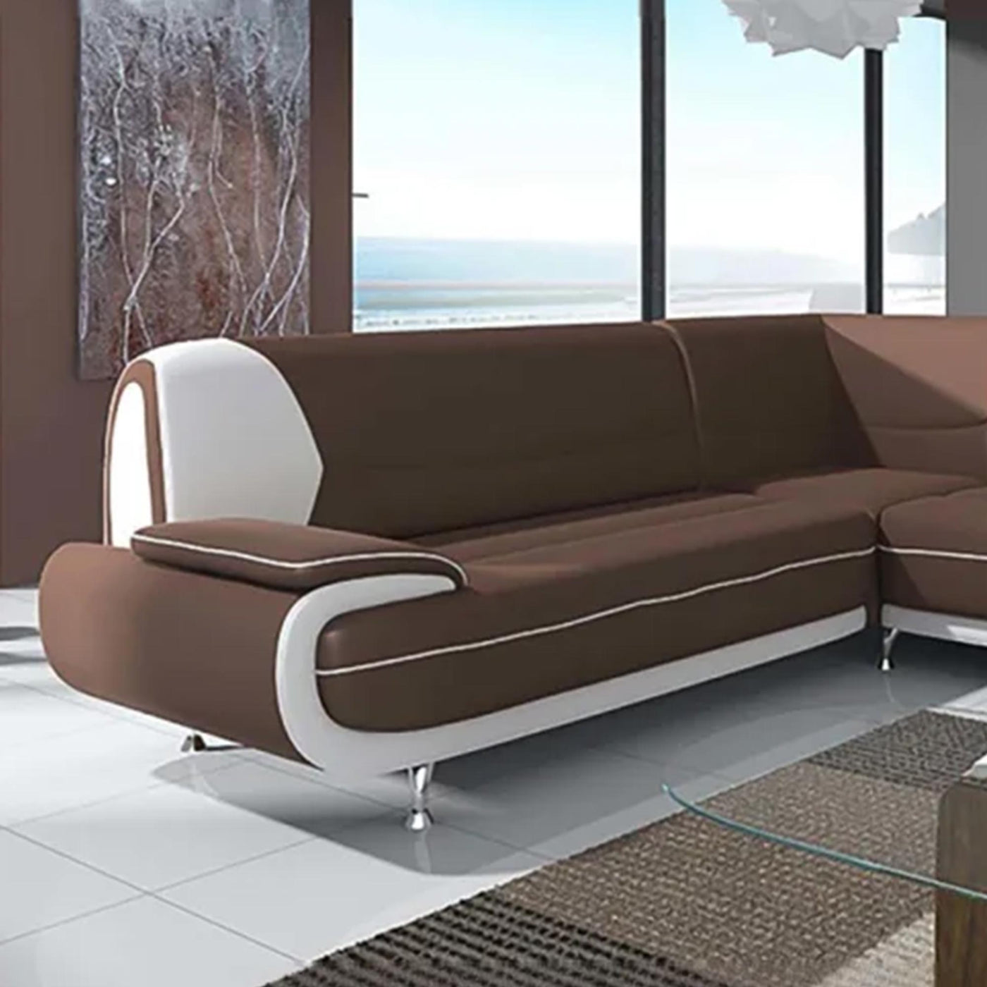 MUZA Canapé d'angle design en simili cuir marron et blanc