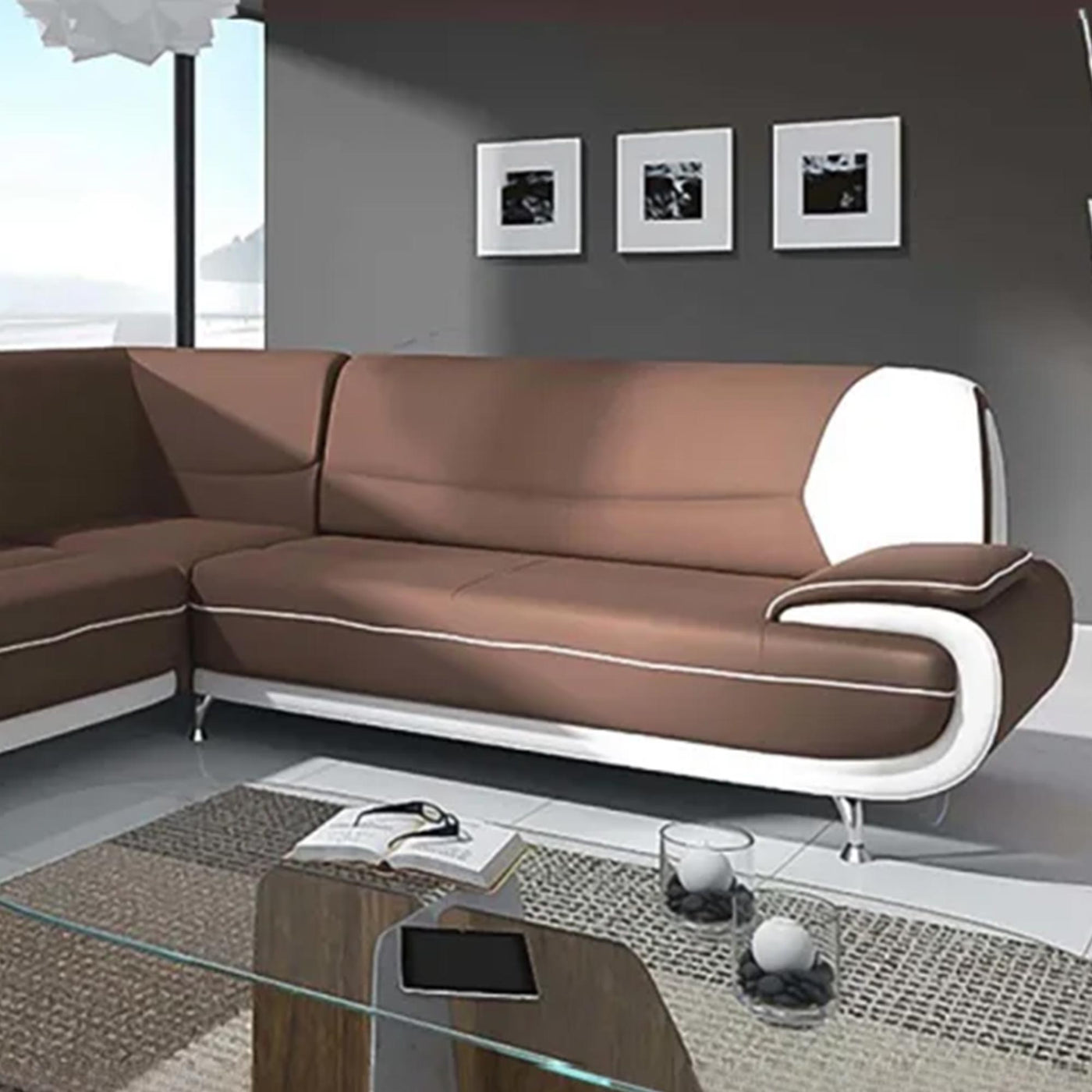 MUZA Canapé d'angle design en simili cuir marron et blanc
