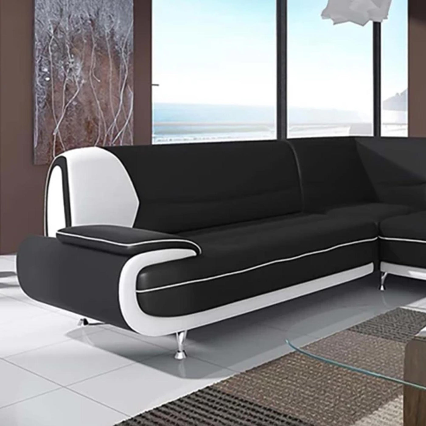 MUZA Canapé d'angle design en simili cuir noir et blanc